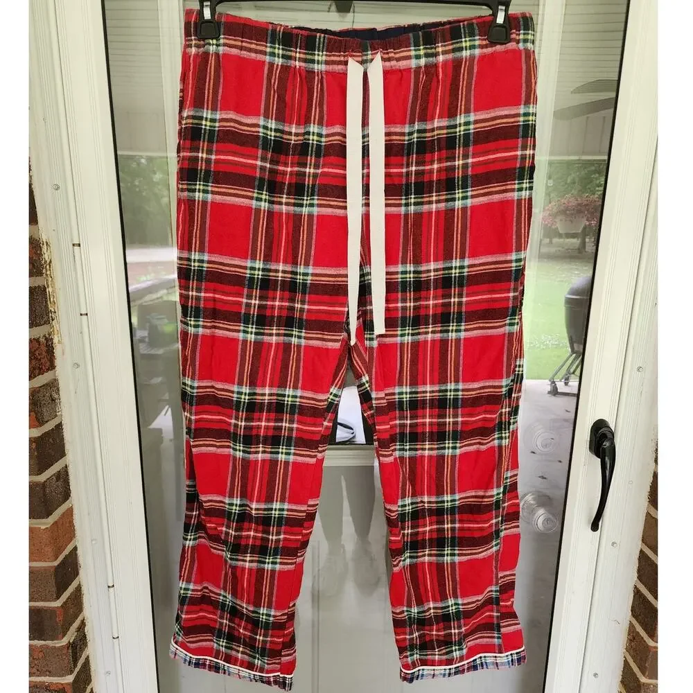 Lands' End Womens XLarge 100% Cotton Flannel Red Plaid Pajama Set Pockets